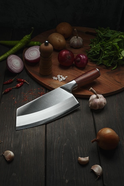 Chef chopping knife with cut onion and vegetables preparation in the kitchen in a restaurant