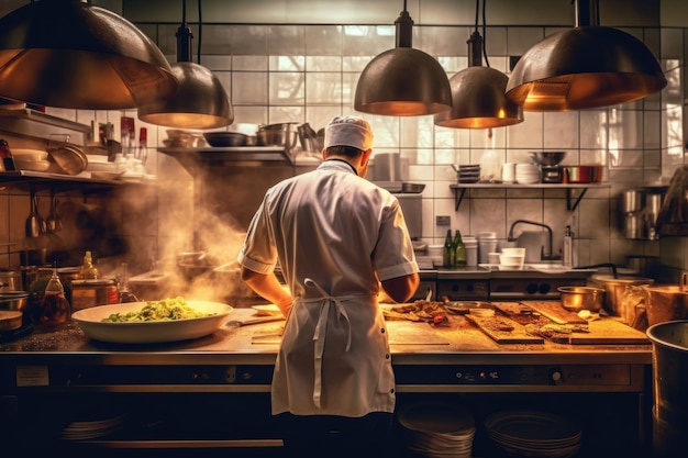 Chef cooking in a busy restaurant kitchen back view Generative AI illustration