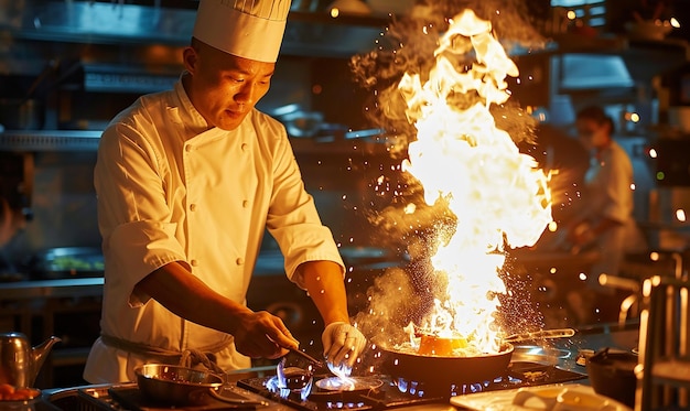 Photo a chef cooking on a grill with a fire behind him