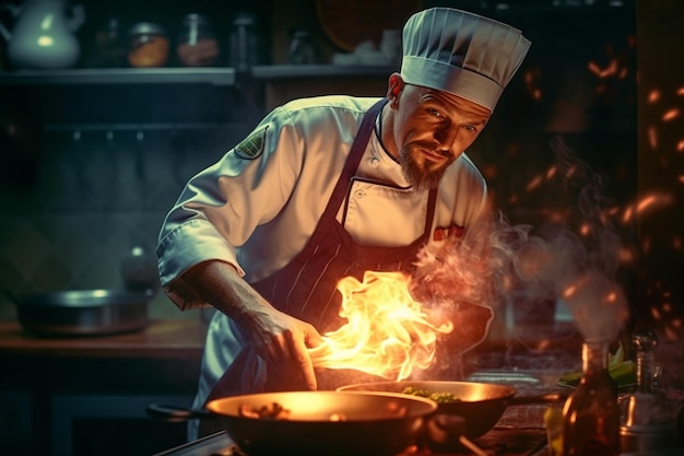 A chef cooking in the kitchen