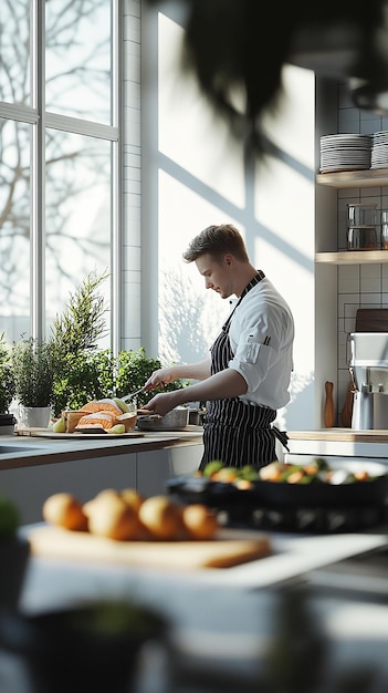 Chef Cooking in a Minimalist Scandinavian Kitchen