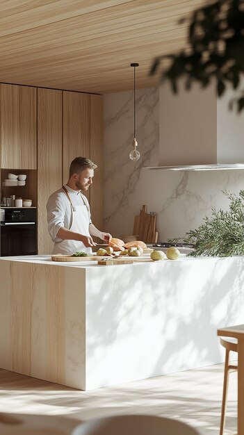 Photo chef cooking in a minimalist scandinavian kitchen