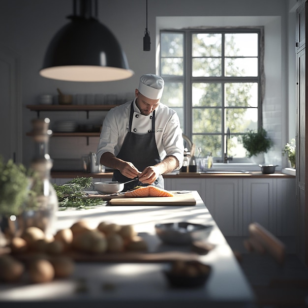 Chef Cooking in a Minimalist Scandinavian Kitchen