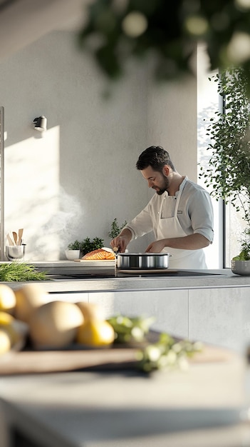 Chef Cooking in a Minimalist Scandinavian Kitchen