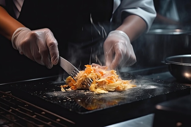 Chef cooking pasta in a restaurant kitchen close up Chefs hands close up cooking AI Generated