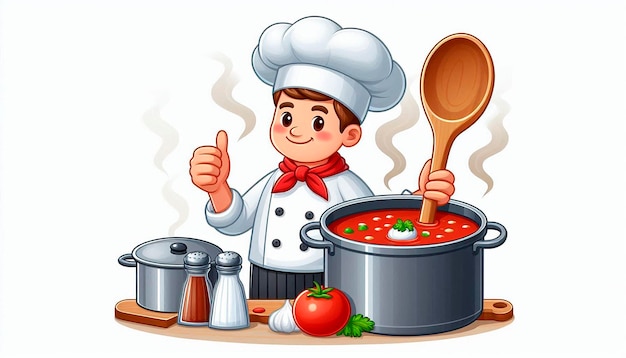 a chef cooking a pot of soup and a cook with a spoon