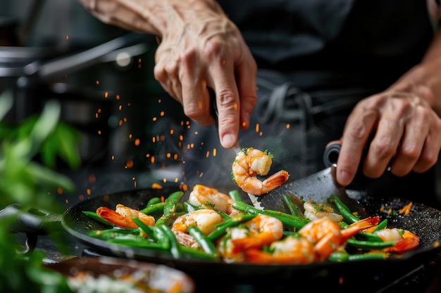 Photo chef cooking shrimp with fresh herbs in a sizzling pan for a gourmet seafood dish