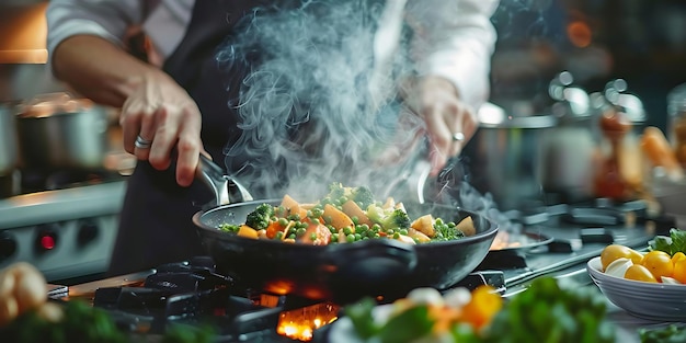 Chef Cooking Vegetables in Wok with Smoke Realistic Food Photo