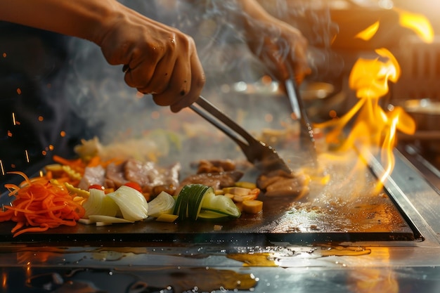 A chef cooks an assortment of vegetables and meat on a teppanyaki grill surrounded by ascending flames and smoke