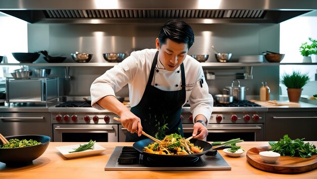 Chef Crafting Fusion Cuisine in a Modern Kitchen