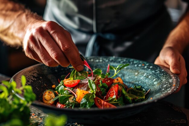 Photo chef crafting a vegan haute cuisine dish with fresh ingredients