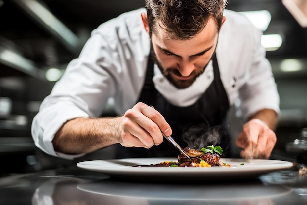 Photo a chef creating a gourmet dish in a michelinstarre