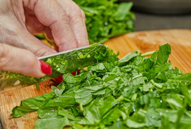 Chef cuts basil according to the recipe for cooking on wooden board in the kitchen.