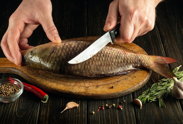 Chef cuts fresh fish on a wooden cutting board with knife Home cooking of a delicious fish dish according to an old recipe The cook hands cut carp