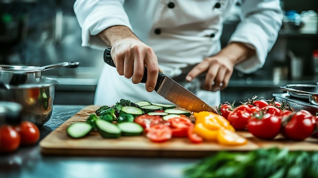 Photo a chef cuts vegetables on a wooden cutting board in a kitchen