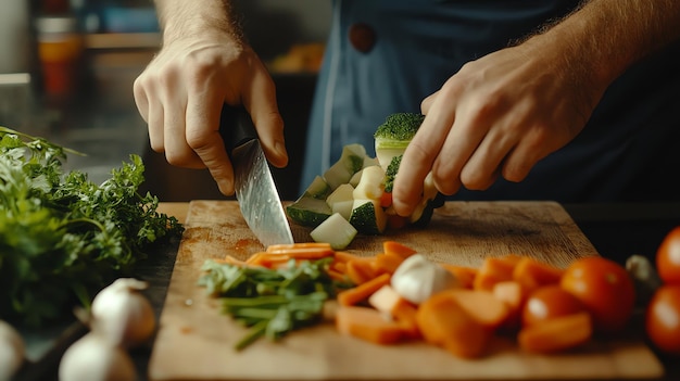 Photo a chef cutting fresh vegetables on a wooden cutting board in a kitchen