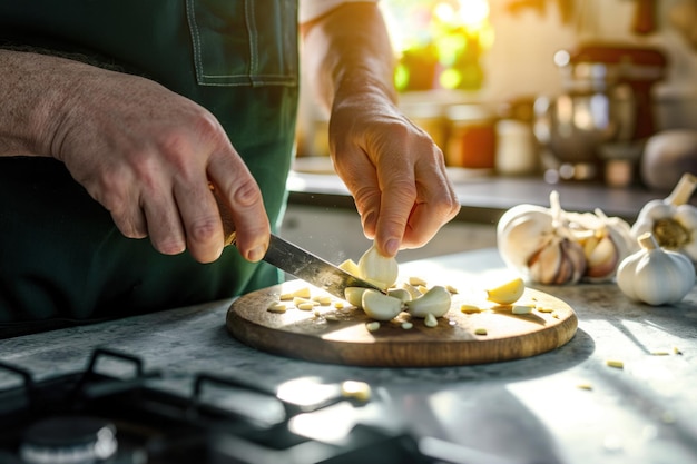 Photo chef cutting garlic cloves on a wooden board in a sunlit kitchen