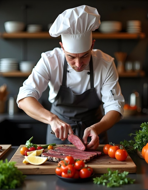 a chef cutting up vegetables on a cutting board with a chef wearing a chef hat