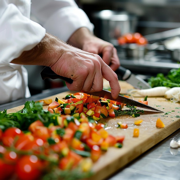 a chef cutting vegetables on a cutting board with a knife