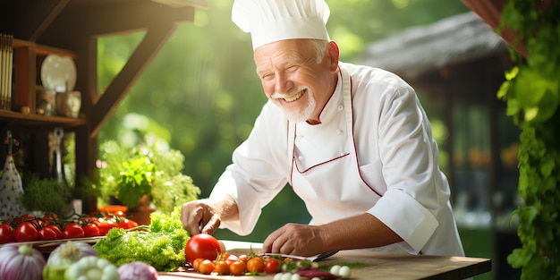 chef cutting vegetables in the garden