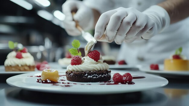 Photo chef decorates dessert with fresh raspberries and cream in a modern kitchen