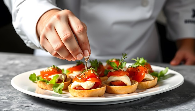 Photo chef decorating appetizer plate isolated with white highlights