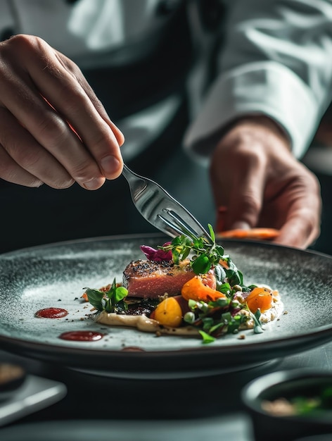 Chef delicately plating a gourmet dish with artistic precision