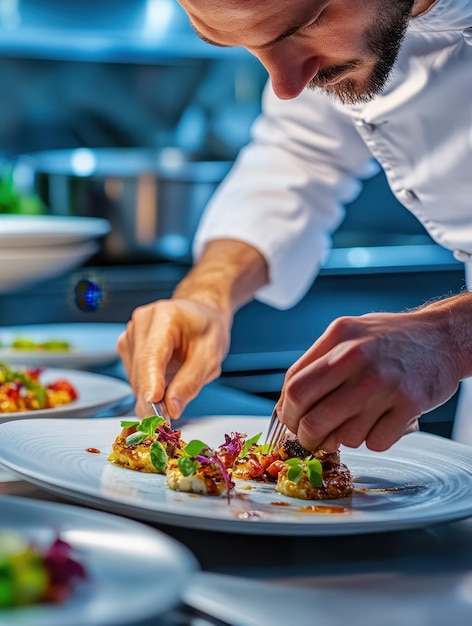 Chef delicately plating a gourmet dish with artistic precision