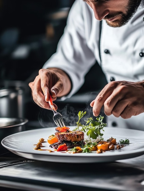 Chef delicately plating a gourmet dish with artistic precision