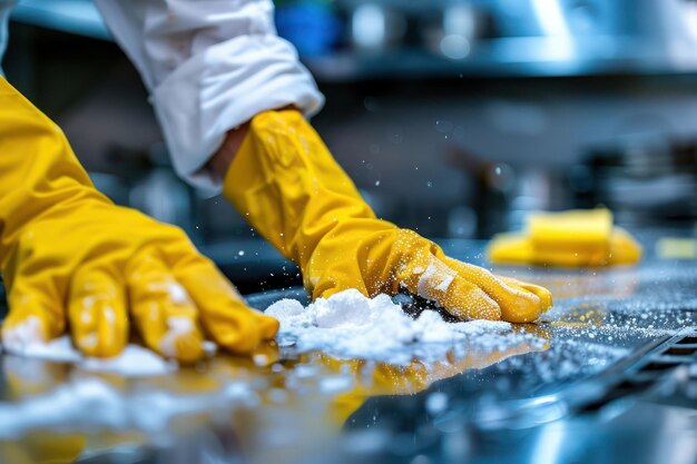 Chef Demonstrates Meticulous Hygiene Practices While Cleaning a Countertop in a Commercial Kitchen