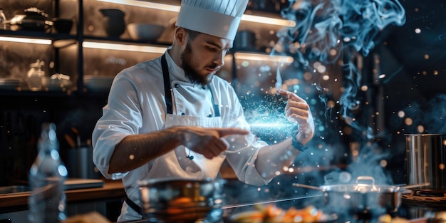 Photo chef experimenting with ai hologram in the kitchen aig60