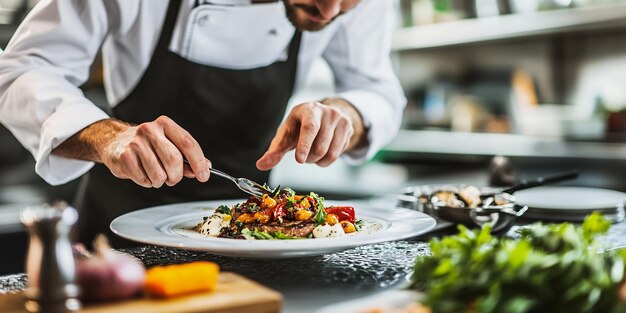 Photo chef expertly plating a dish in a gourmet kitchen