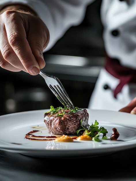 Chef expertly plating gourmet dish in fine dining restaurant