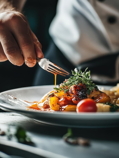 Chef finishing a dish with a drizzle of rich velvety sauce