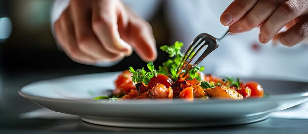 Photo chef finishing a dish