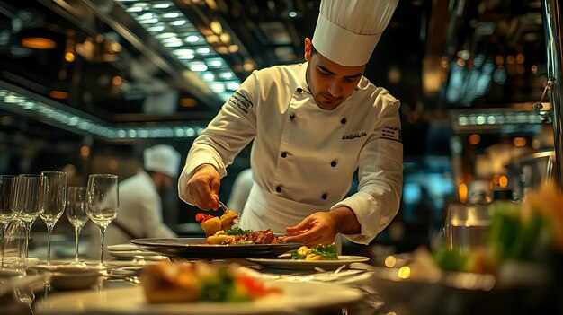 Chef Finishing a Gourmet Meal in a Restaurant Kitchen Photo