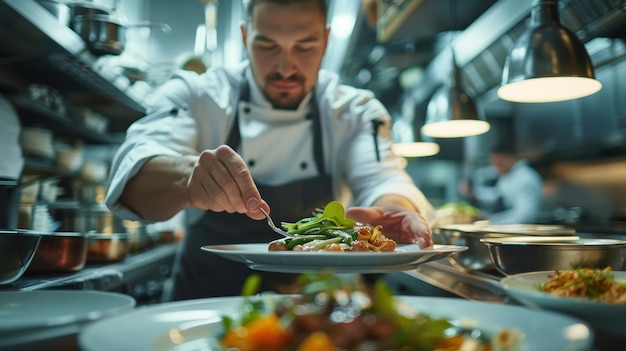 Chef Finishing Plate of Food in Restaurant Kitchen