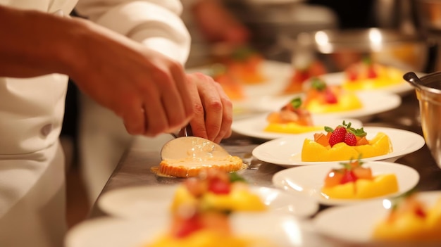 A Chef Finishing a Plate of Fruit Dessert