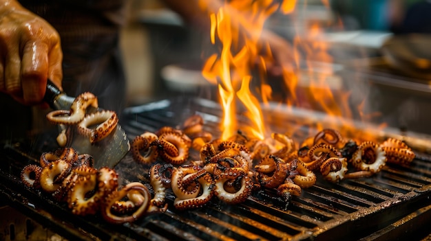 Chef flipping tender grilled squid tentacles on a hot grill showcasing the expert technique and care required for perfect squid grilling