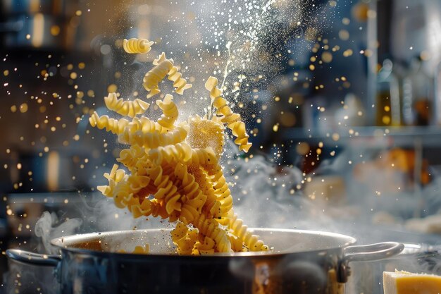 Photo chef flips perfect pasta dish in vibrant kitchen scene