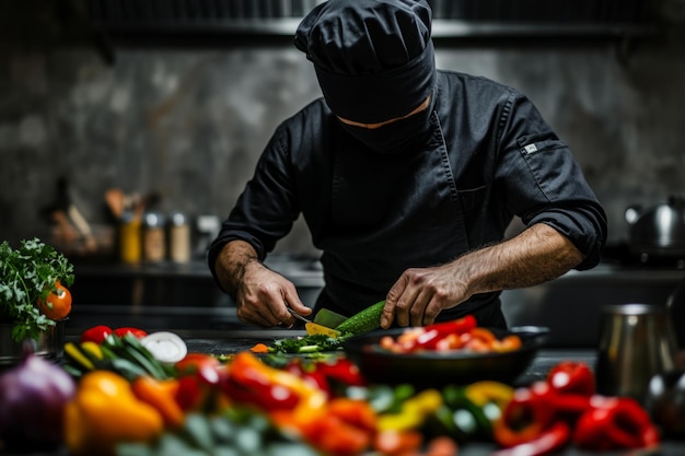 A chef focuses on fresh ingredients in a modern kitchen Bright vegetables lay around showcasing culinary artistry The scene captures passion and expertise Generative AI