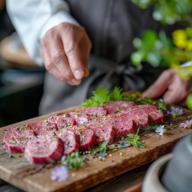 Photo a chef garnishes freshly sliced beef with herbs on a rustic wooden board