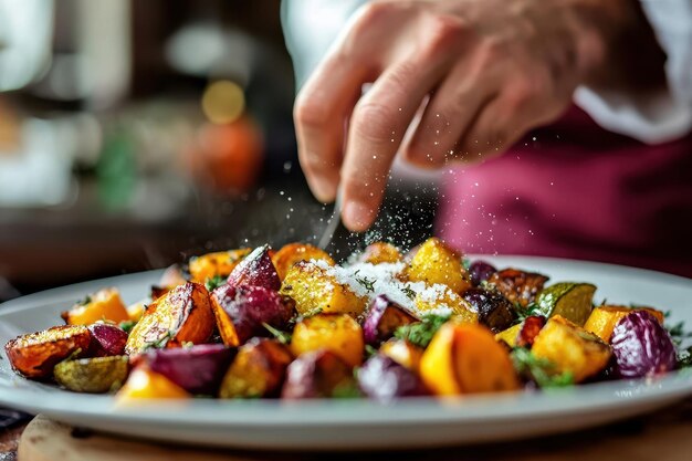 Photo a chef garnishing a colorful plate of roasted vegetables with a sprinkle of seasoning