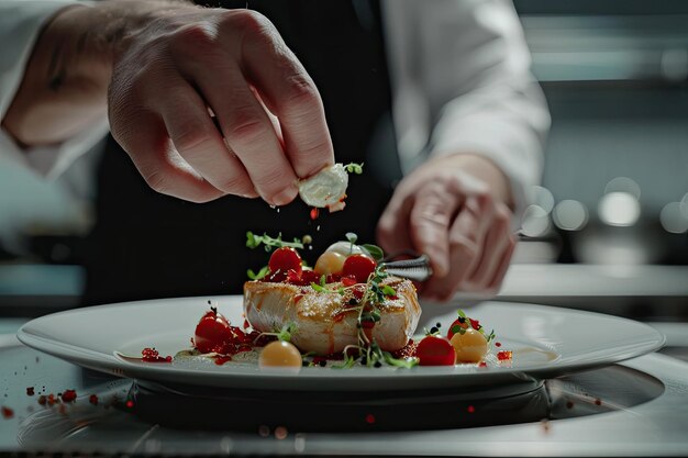 Photo chef garnishing exquisite plate of food