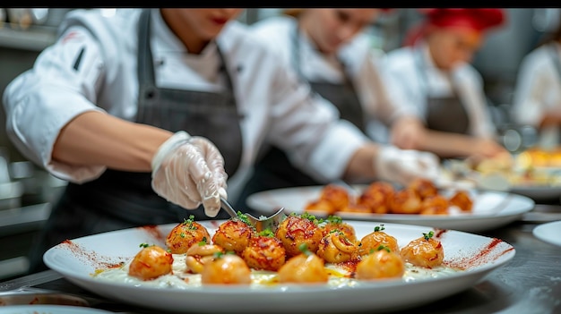 Chef garnishing food while female coworker working in background at restauran