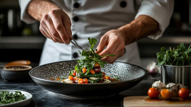 Chef garnishing a plate with fresh herbs and spices