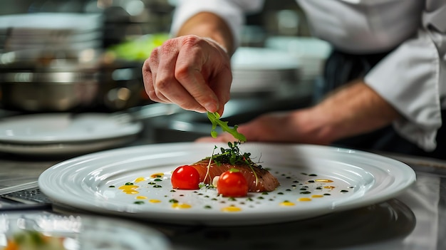 Photo chef garnishing a plate with greens