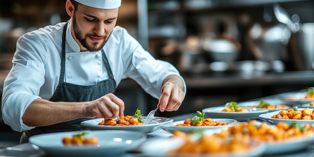 Chef Garnishing Plates of Gnocchi with Basil