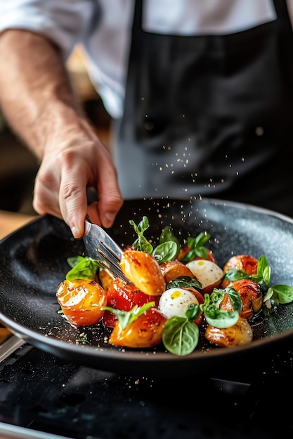 Photo chef garnishing roasted vegetables with herbs in a pan