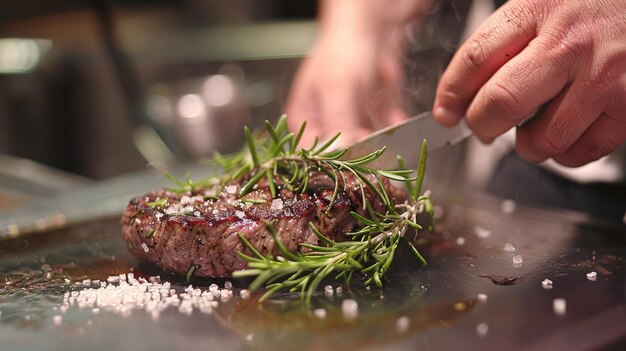 Photo chef garnishing a steak with fresh rosemary and sea salt